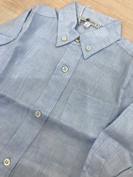 Camicia Le Guignol in lino celeste manica lunga con bottoncini e taschino laterale