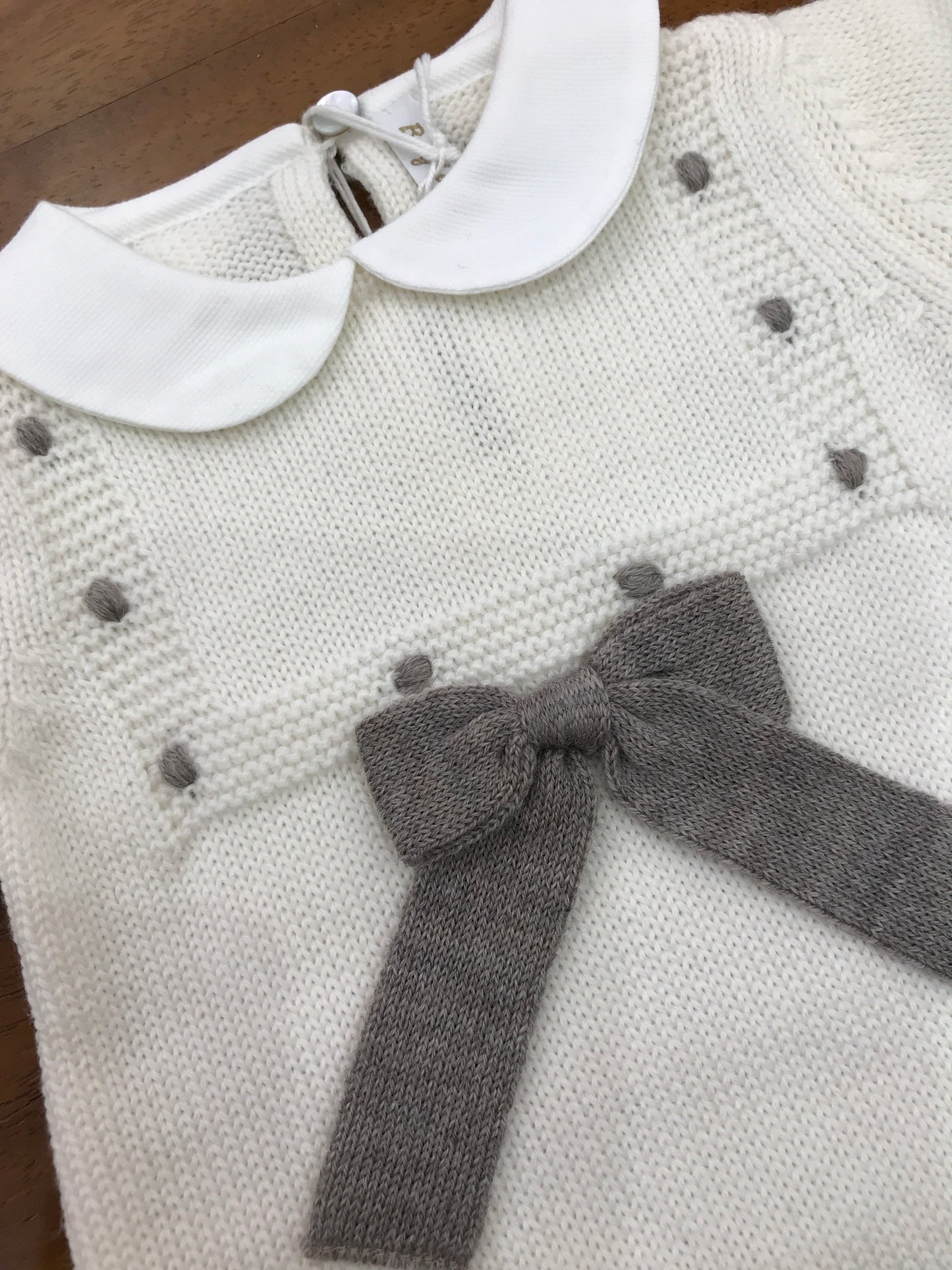 Tutina Baby Lord in lana panna manica lunga con pois e fiocco tortora