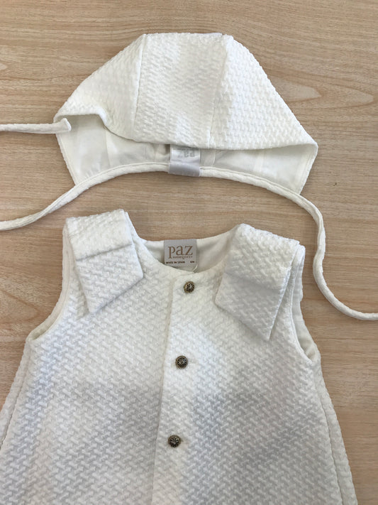 Abito Paz Rodriguez in cotone smanicato con fiocchi sulle spalline con culotte con cuffietta abbinata con laccetti