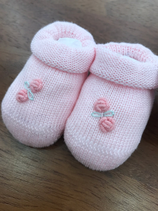 Babbucce Baby Lord in filo rosa con rose color corallo ricamate sul davanti