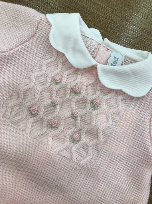 Tutina Pepecè in lana rosa con roselline e colletto smerlato
