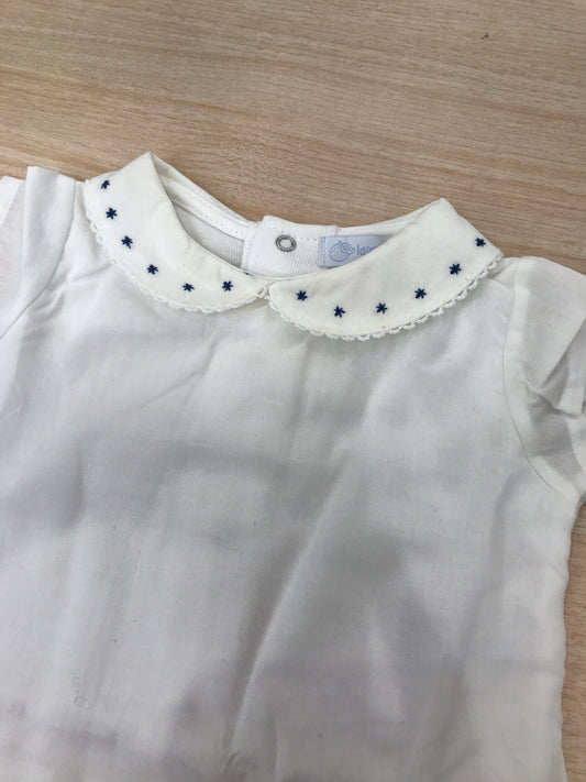 Body Laranjinha in cotone smanicato con effetto camicia con colletto smerlato con stelline blu ricamate
