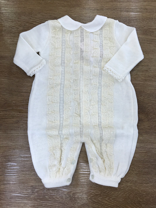 Tutina Ladia in filo di cotone panna con applicazione di valancienne e colletto in lino