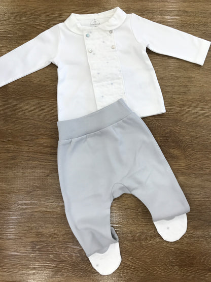 Tutina Laranjinha in cotone due pezzi bianco e grigio con piccole stelline ricamate