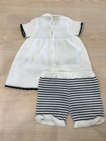 Completo Baby Lord in filo due pezzi mezza manica con rifiniture blu e fiocchetti con pantalone a righe