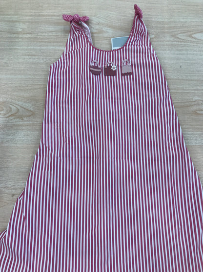 Copricostume Al Agua Patos a righe bianche e fucsia  bretelle con fiocchetti
