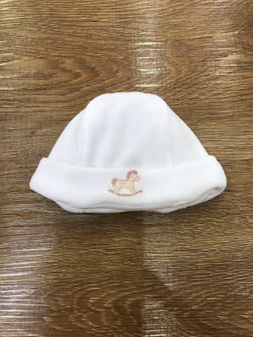 Cappello Baby Gi in ciniglia bianco con risvolto e cavallo a dondolo