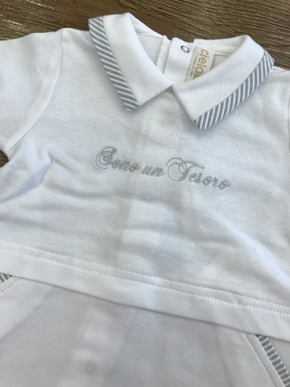 Tutina Cielo Blu in cotone bianca con rifiniture grigie