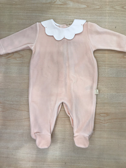 Tutina Baby Gi in ciniglia intera con collo smerlato bianco e pois