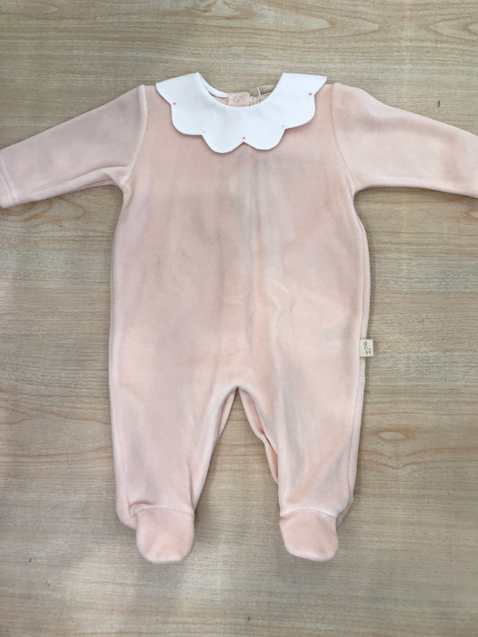 Tutina Baby Gi in ciniglia intera con collo smerlato bianco e pois