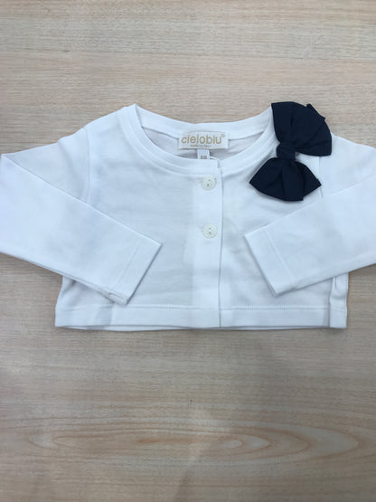 Cardigan Cielo Blu in cotone bianco con bottoncini e fiocco blu laterale