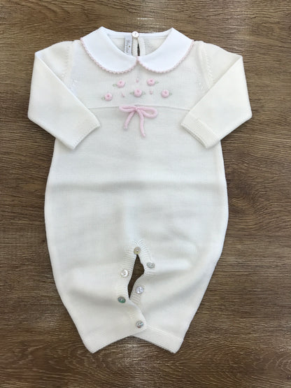 Tutina Baby Lord in lana panna intera con roselline rosa e fiocchetto sul corpetto