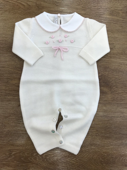 Tutina Baby Lord in lana panna intera con roselline rosa e fiocchetto sul corpetto