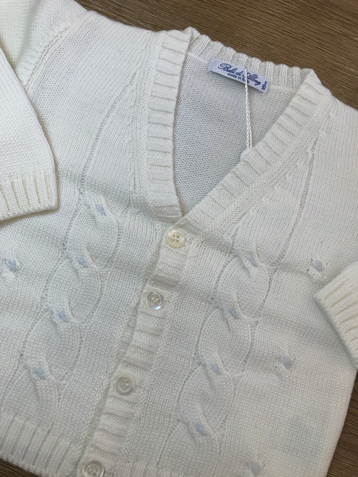 Cardigan Bebè di almy in lana panna con pois in rilievo celesti