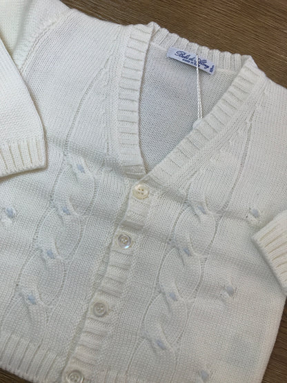 Cardigan Bebè di almy in lana panna con pois in rilievo celesti