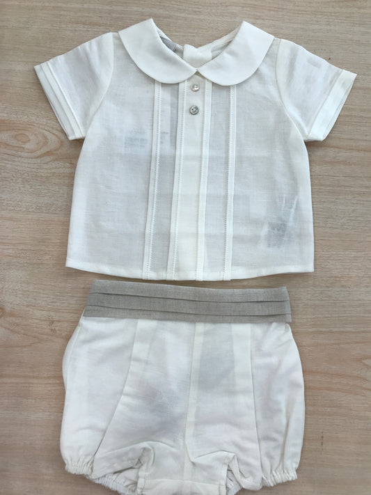Completo Paz Rodriguez in cotone camicia mezza manica con pieghe con pantalone corto e fascia invita tortora a pieghe