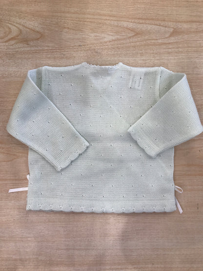 Cardigan Baby Lord in filo ad incrocio celeste chiaro traforato con fiocchetti