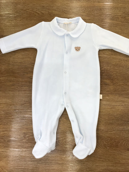 Tutina Baby Gi in ciniglia intera celeste con orsetto ricamato sul davanti
