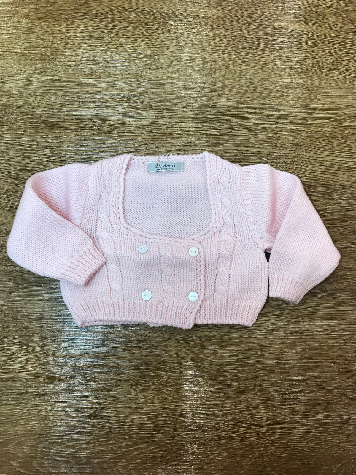 Cardigan Le Dodò in lana rosa con lavorazione di trecce e chiusura doppiopetto