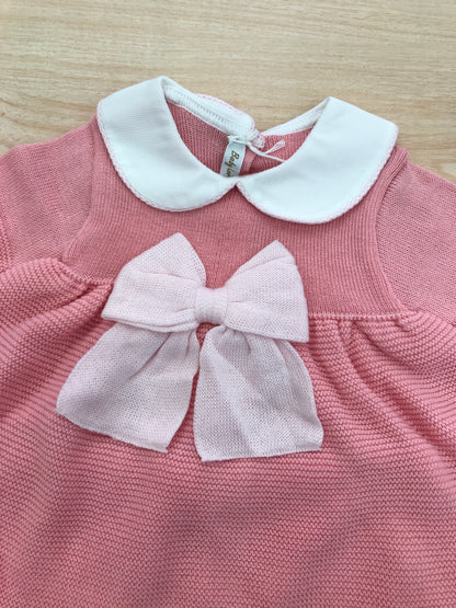 Completo Baby Lord in filo due pezzi corallo e rosa mezza manica con fiocco centrale rosa