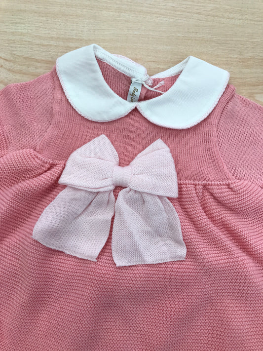 Completo Baby Lord in filo due pezzi corallo e rosa mezza manica con fiocco centrale rosa