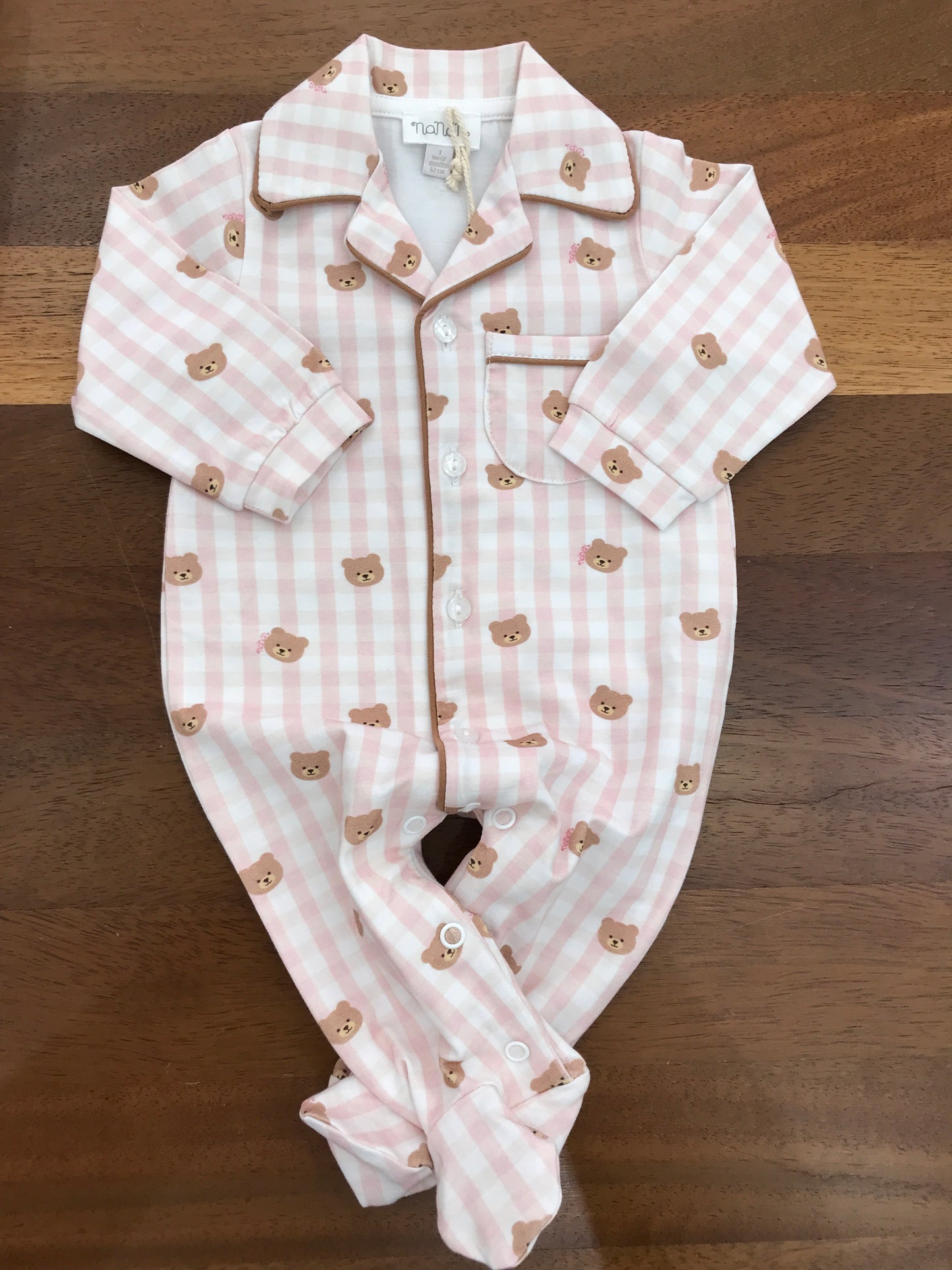 Tutina Nanan in cotone manica lunga gamba lunga a quadretti bianchi e rosa con piccoli orsetti