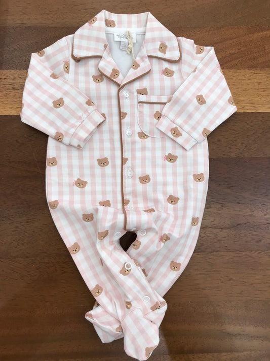 Tutina Nanan in cotone manica lunga gamba lunga a quadretti bianchi e rosa con piccoli orsetti