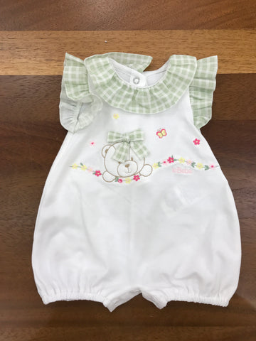 Pagliaccetto Le Bebè in cotone con rusche smanicato collo con rusche bianco a quadretti con orsetto e fiori ricamati