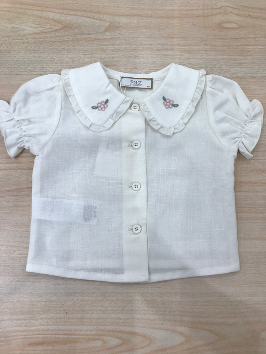 Camicia Paz Rodriguez in lino panna manica corta a sbuffo con bottoni sul davanti colletto con fiori colorati e rusche