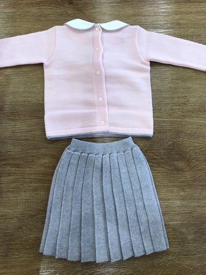 Completo Baby Lord in lana due pezzi rosa e grigio con fiocco centrale e gonna plissettata