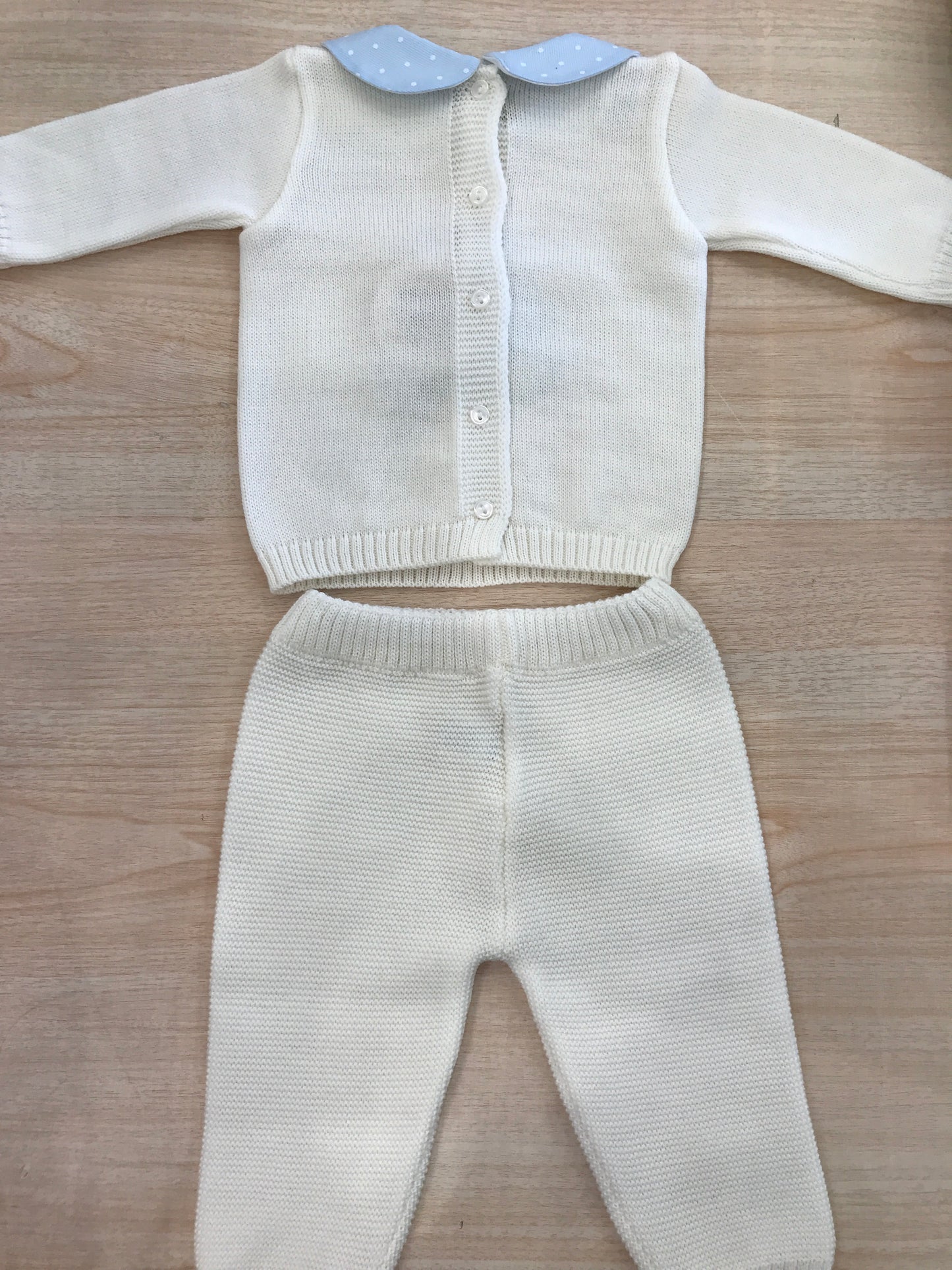 Tutina Baby Lord in lana due pezzi panna con colletto a pois ed orsetto centrale con pois bianchi