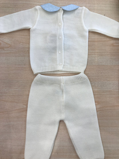 Tutina Baby Lord in lana due pezzi panna con colletto a pois ed orsetto centrale con pois bianchi