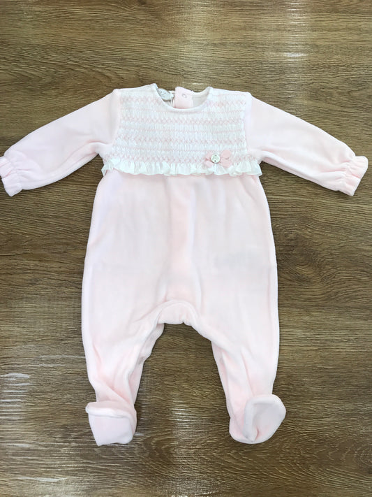 Tutina Paz Rodriguez in ciniglia rosa intera con corpetto lavorato da punto smock rosa e bianco