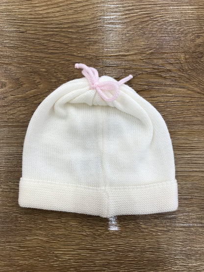 Cappello Baby Lord in lana panna con fiocchetto rosa