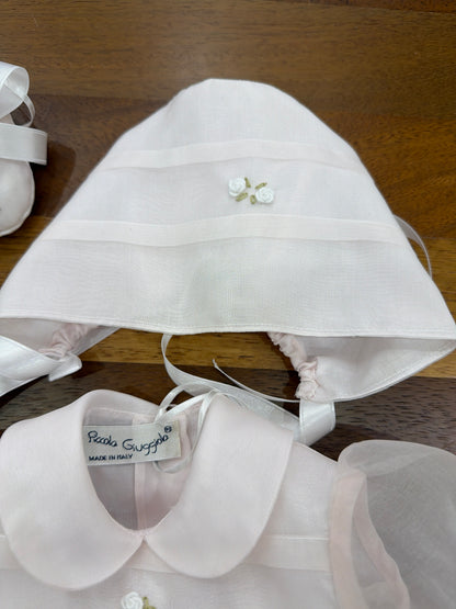Abitino Piccola Giuggiola in organza in seta rosa con culotte con roselline ricamate