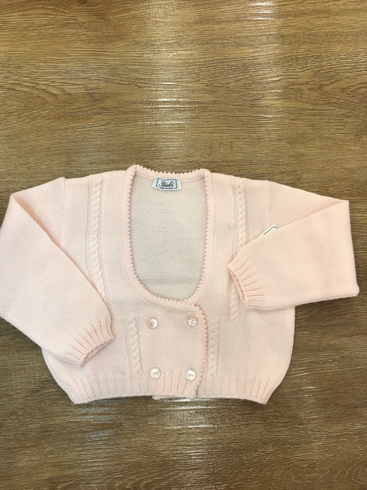 Cardigan Biebi in lana rosa pesca chiusura doppiopetto con lavorazione di trecce e piccoli bottoncini
