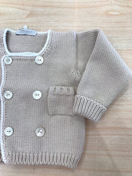 Cardigan Colibrì in filo tortora manica lunga con rifiniture bianche doppiopetto con taschino laterale