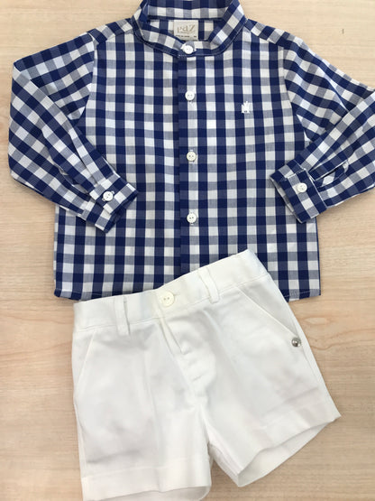 Completo Paz Rodriguez camicia manica lunga a quadretti bianchi e blu con bermuda bianco