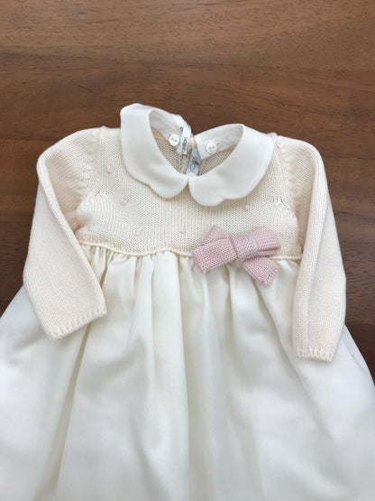 Abitino Colibrì con manica lunga corpetto in lana con fiocco rosa laterale, con gonna in raso e fiocco sul retro