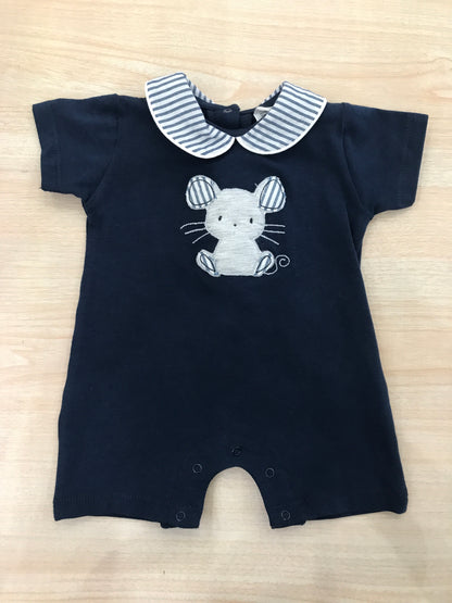 Pagliaccetto Coccodè in cotone blu scuro con collo tondo a righe con topolino applicato sul davanti