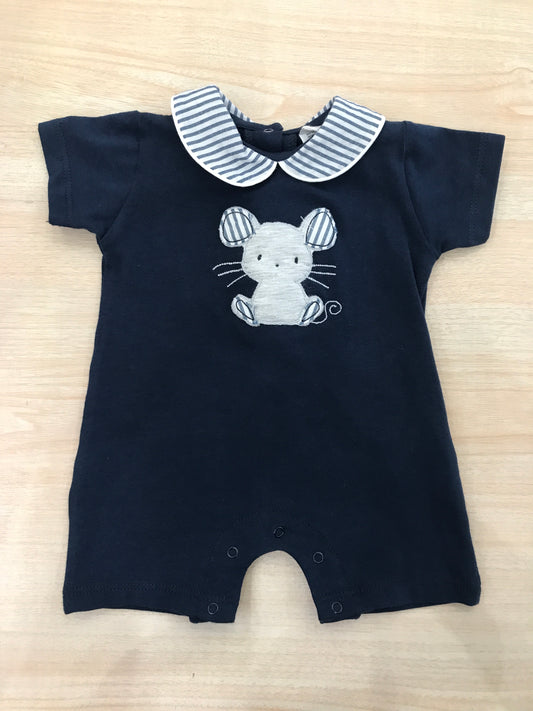Pagliaccetto Coccodè in cotone blu scuro con collo tondo a righe con topolino applicato sul davanti