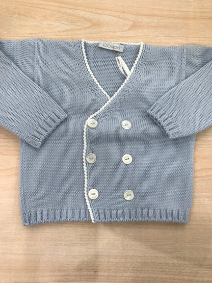 Cardigan Colibrì manica lunga in filo celeste a punta con profilo bianco doppiopetto con bottoncini