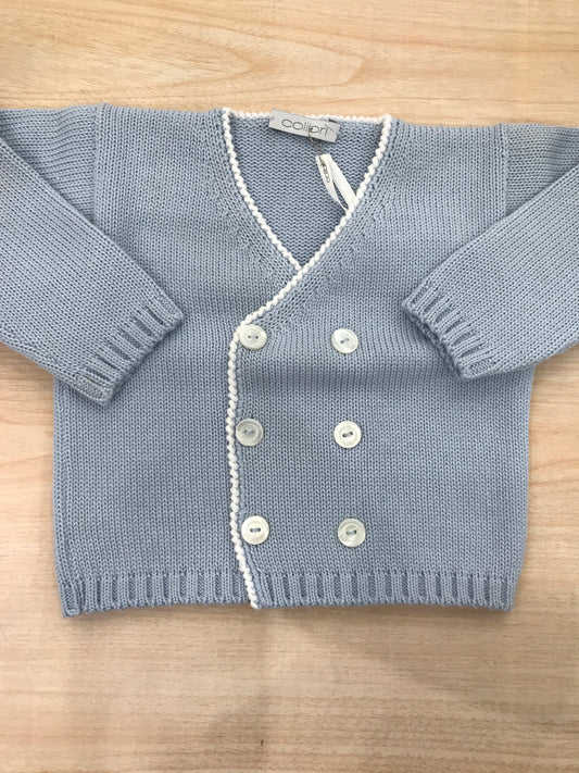 Cardigan Colibrì manica lunga in filo celeste a punta con profilo bianco doppiopetto con bottoncini