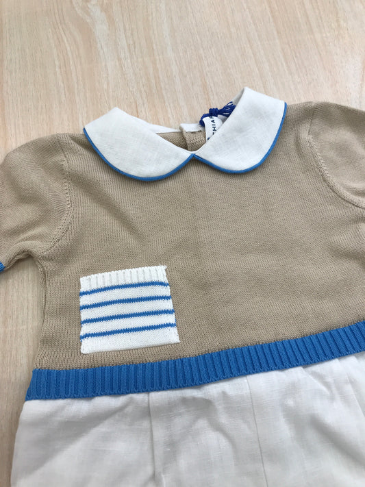 Pagliaccetto Colori Chiari in filo tortora mezza manica con tasca a righe il sotto bianco in lino