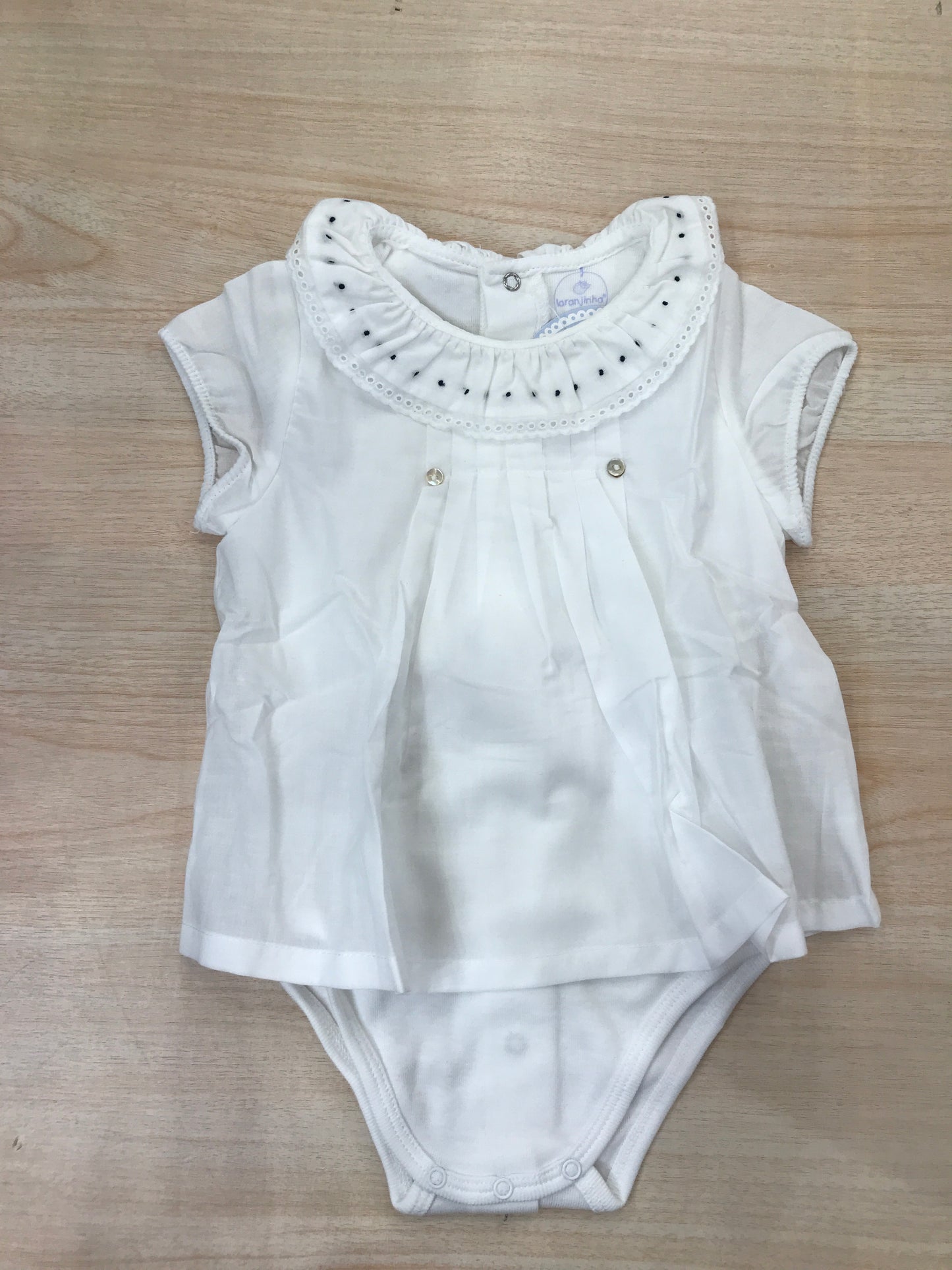 Body Laranjinha in cotone mezza manica effetto camicia con rusche con pois blu scuro