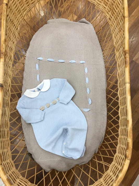 Coordinato nascita Baby Lord in filo tortora e celeste con passanastro alternato