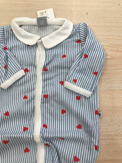 Tutina Petit Bateau intera a righe bianche e celesti con cuori rossi