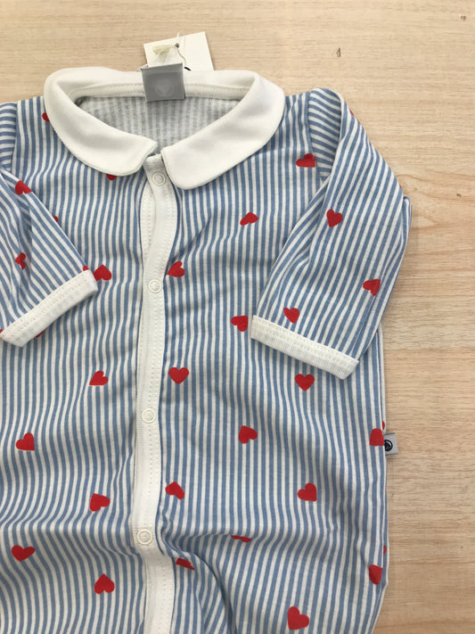 Tutina Petit Bateau intera a righe bianche e celesti con cuori rossi