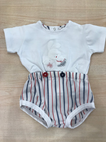 Completo Coccodè in cotone due pezzi bianco con righe blu e rosse con coniglietti applicati sul davanti