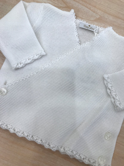 Cardigan Baby Lord in filo bianco ad incrocio smerlato
